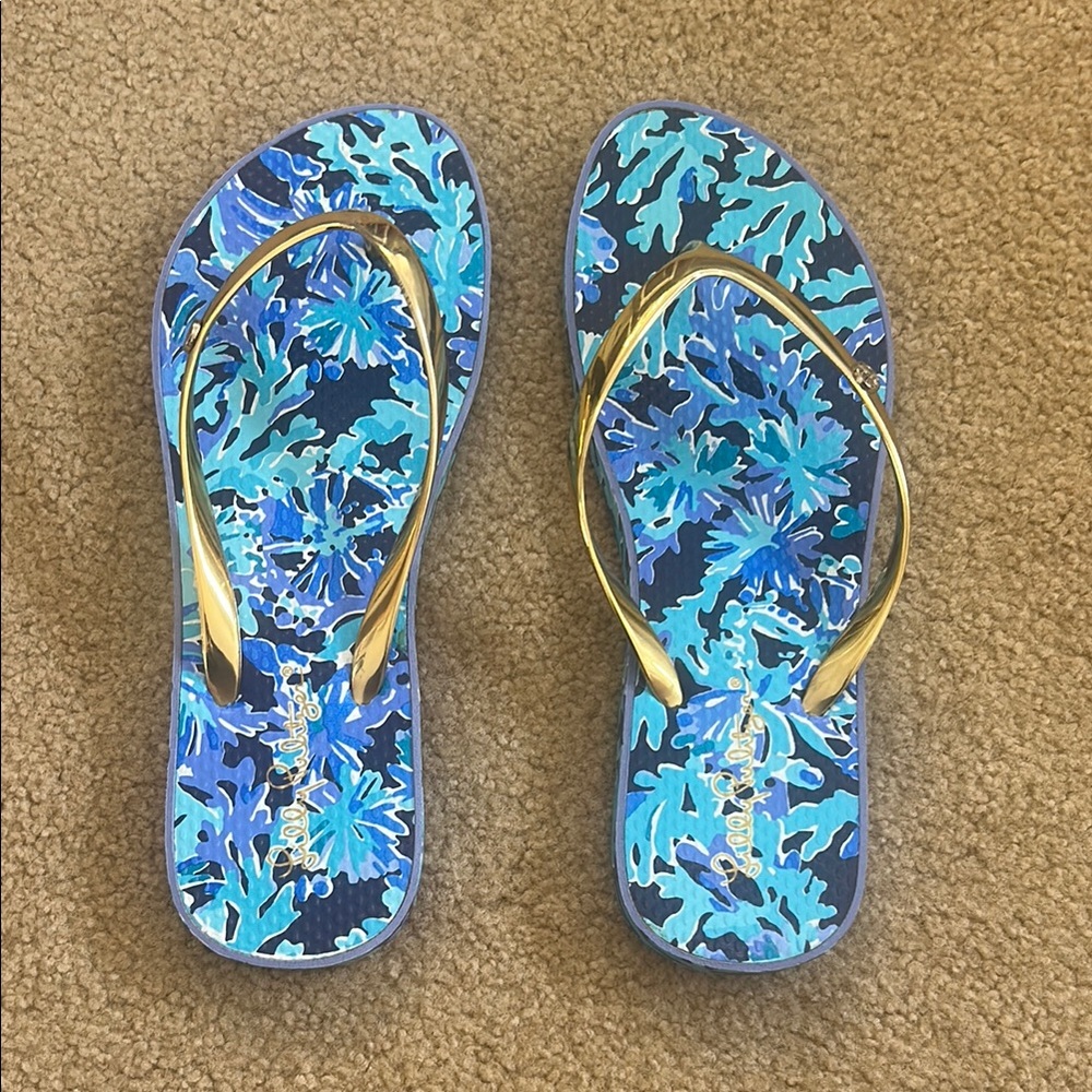 Lilly Pulitzer Blue and Gold Women's Flip Flops 9/10 BNWOT